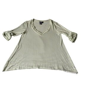 Max Edition Striped V Neck Tunic Top Womens Small Green White‎ Ruched Sleeve